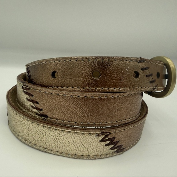 Chicos Leather Belt Med. Patchwork Skinny Metallic Gold Bronze Brown Stitched - Picture 4 of 7